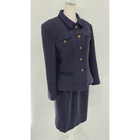 Kasper ASL Tweed Navy Skirt Suit Set 12 Petite Wool Vtg Career Dark Academia - Picture 12 of 12